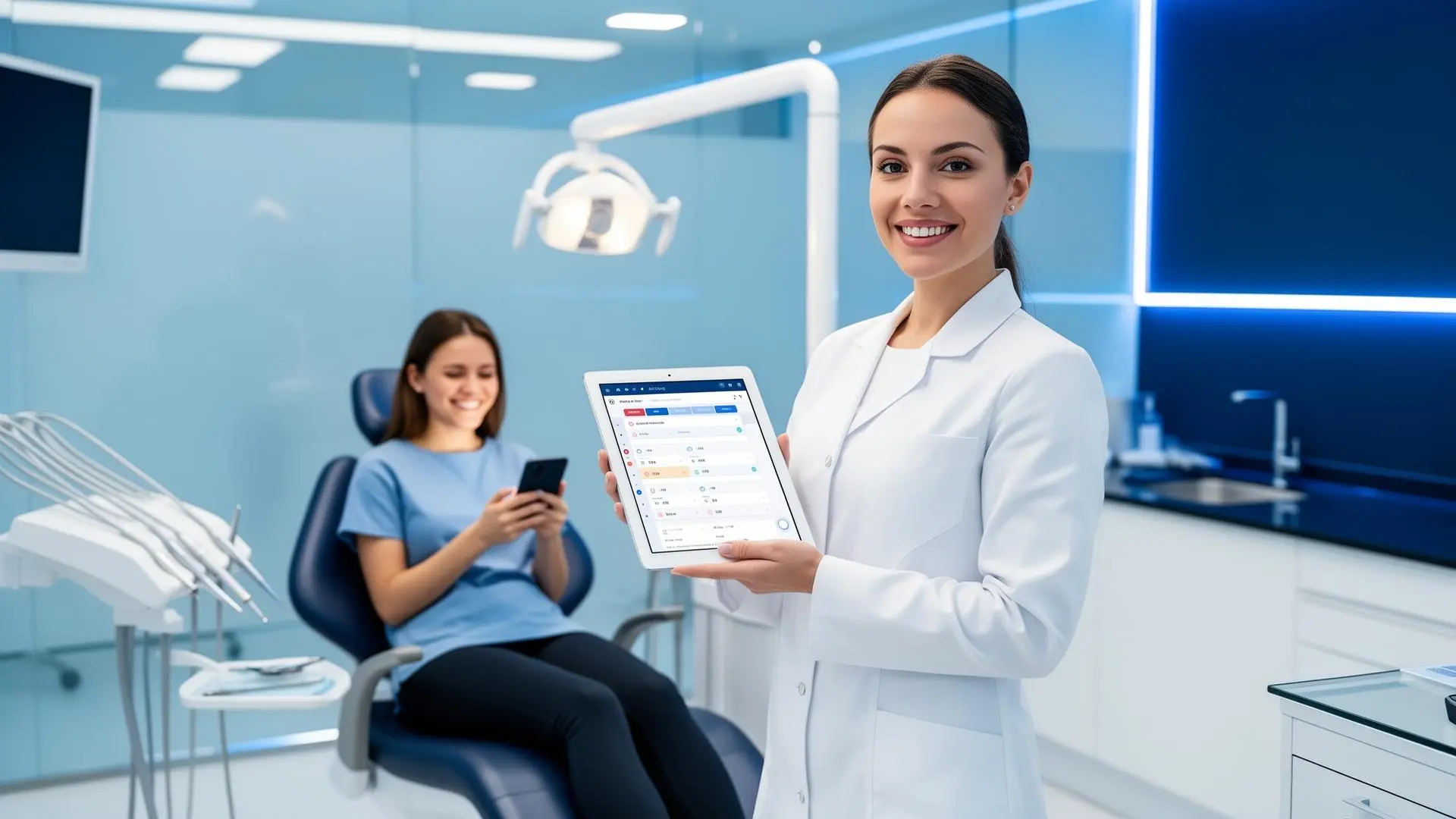 Dentista profesional con tablet en clínica dental moderna